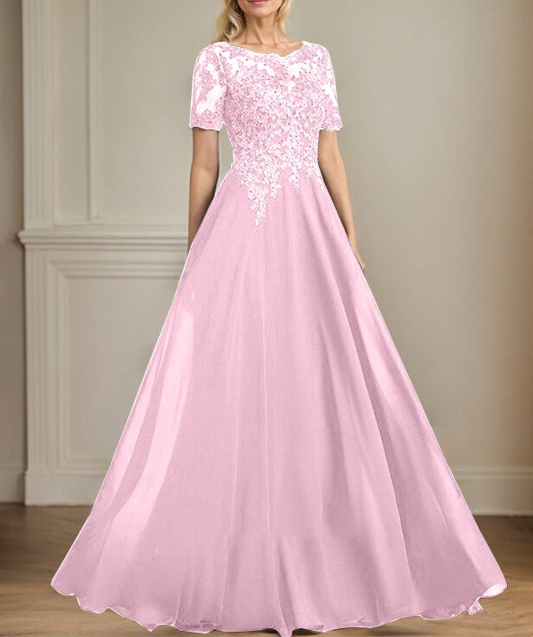 A-line Scoop Illusion Floor-Length Chiffon Lace Mother of the Bride Dress With Sequins Beading