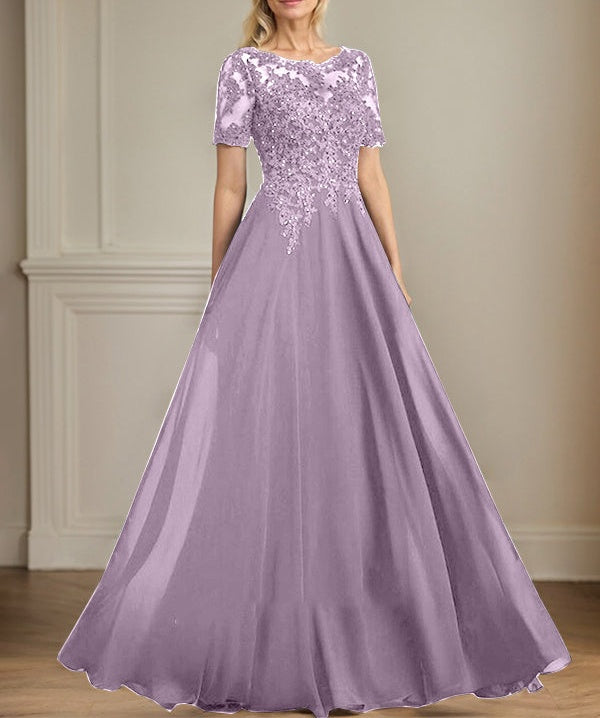 A-line Scoop Illusion Floor-Length Chiffon Lace Mother of the Bride Dress With Sequins Beading