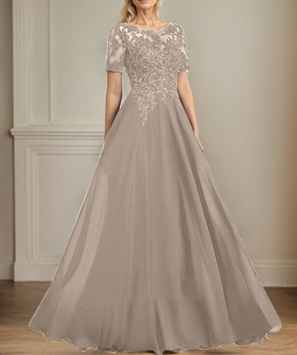 A-line Scoop Illusion Floor-Length Chiffon Lace Mother of the Bride Dress With Sequins Beading