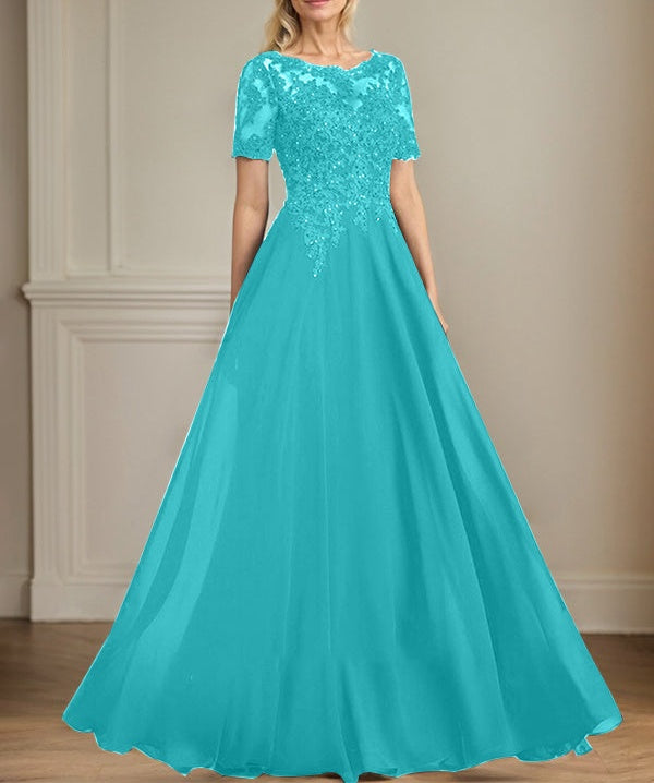 A-line Scoop Illusion Floor-Length Chiffon Lace Mother of the Bride Dress With Sequins Beading