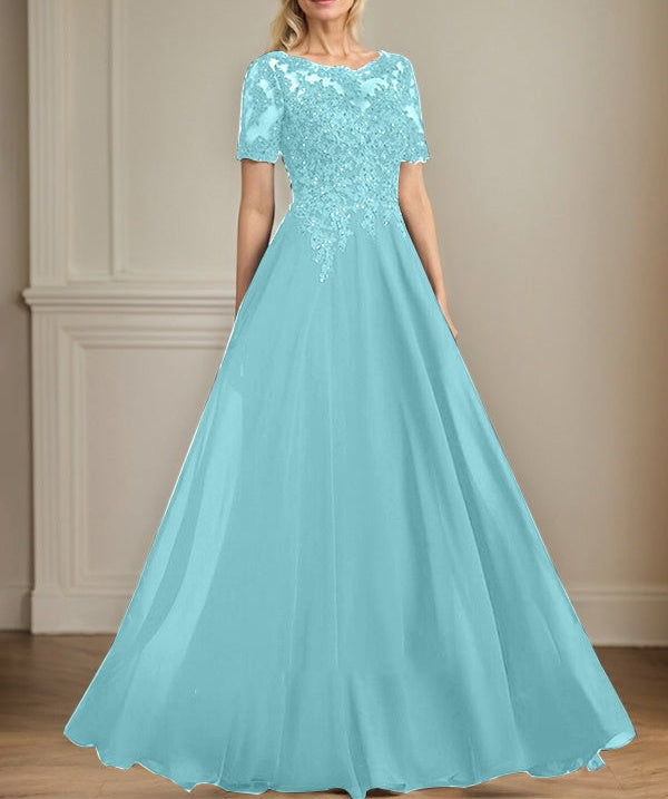 A-line Scoop Illusion Floor-Length Chiffon Lace Mother of the Bride Dress With Sequins Beading
