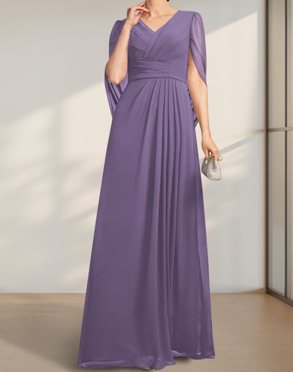 A-line V-Neck Floor-Length Chiffon Mother of the Bride Dress With Pleated