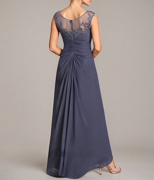 A-line Scoop Illusion Asymmetrical Chiffon Lace Mother of the Bride Dress With Pleated Beading