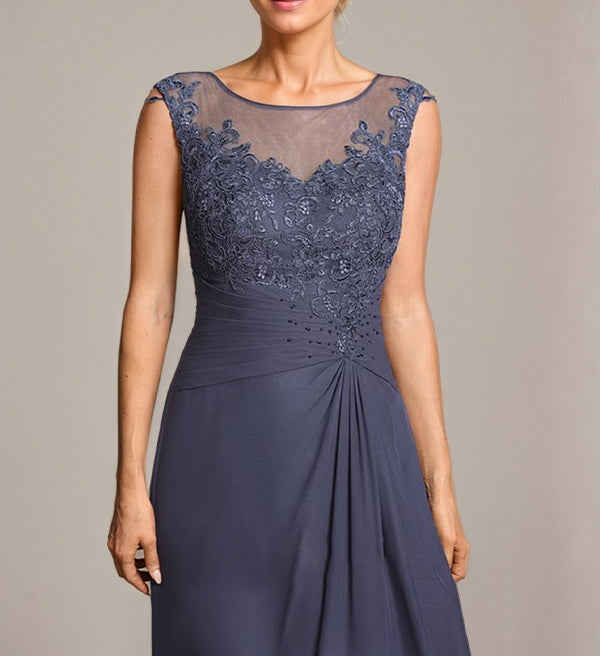 A-line Scoop Illusion Asymmetrical Chiffon Lace Mother of the Bride Dress With Pleated Beading