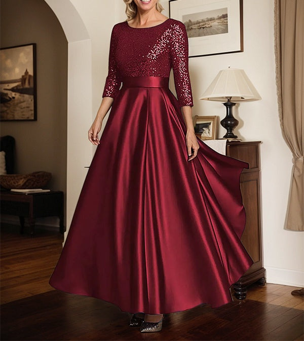 Sparkly Navy Scoop Neck Satin Mother of the Bride Dress with Sequins