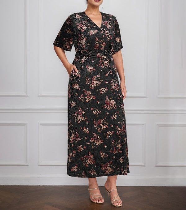 Vintage Plain V-Neck Short Sleeves Velvet Tea-Length Mother of the Bride Dress With Slit