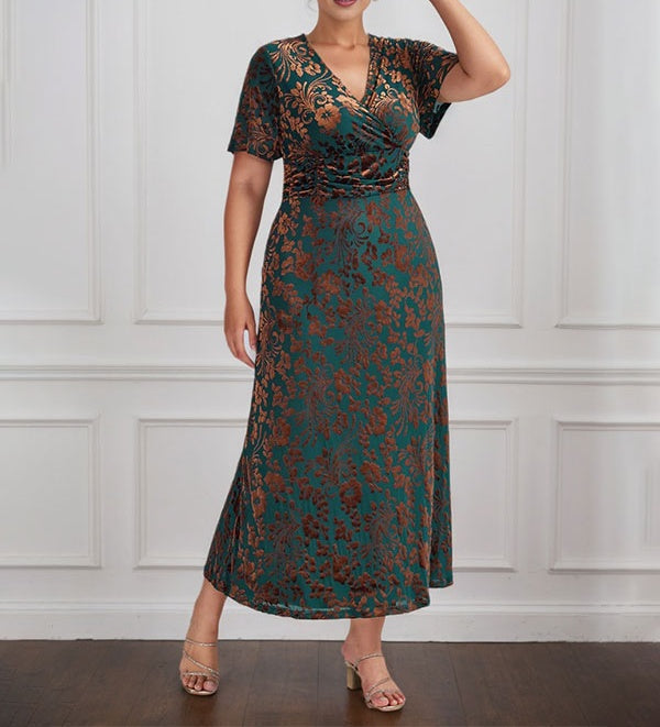 Vintage Plain V-Neck Short Sleeves Velvet Tea-Length Mother of the Bride Dress With Slit