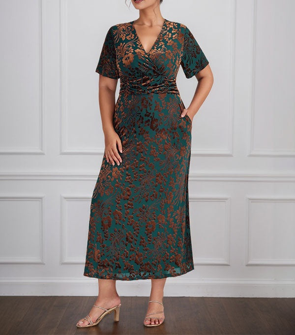 Vintage Plain V-Neck Short Sleeves Velvet Tea-Length Mother of the Bride Dress With Slit