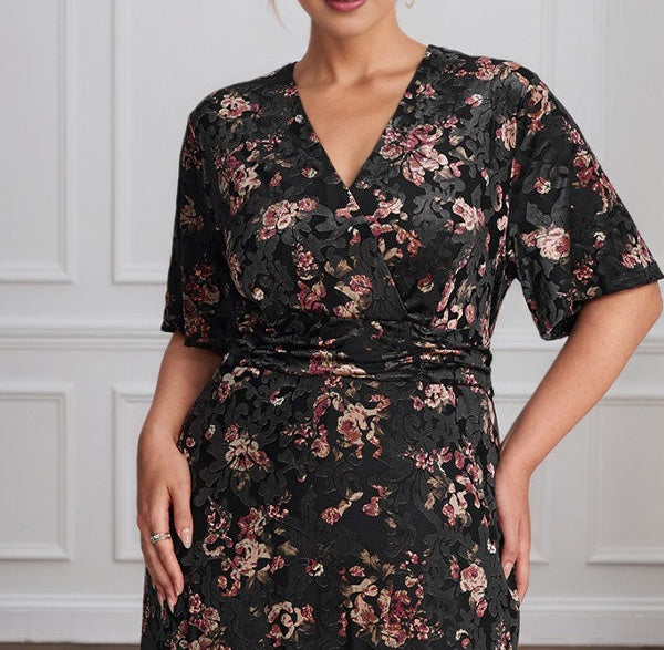 Vintage Plain V-Neck Short Sleeves Velvet Tea-Length Mother of the Bride Dress With Slit