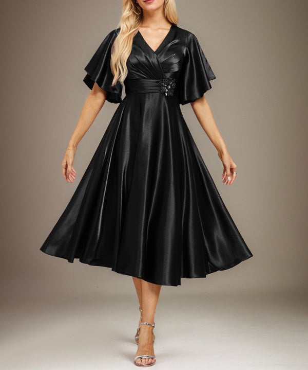A-line V-Neck Tea-Length Stretch Satin Mother of the Bride Dress With Beading Pleated