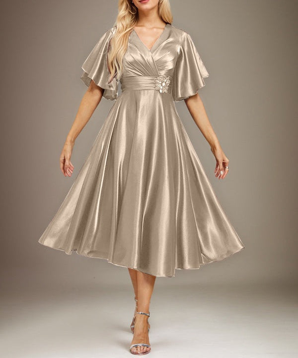 A-line V-Neck Tea-Length Stretch Satin Mother of the Bride Dress With Beading Pleated