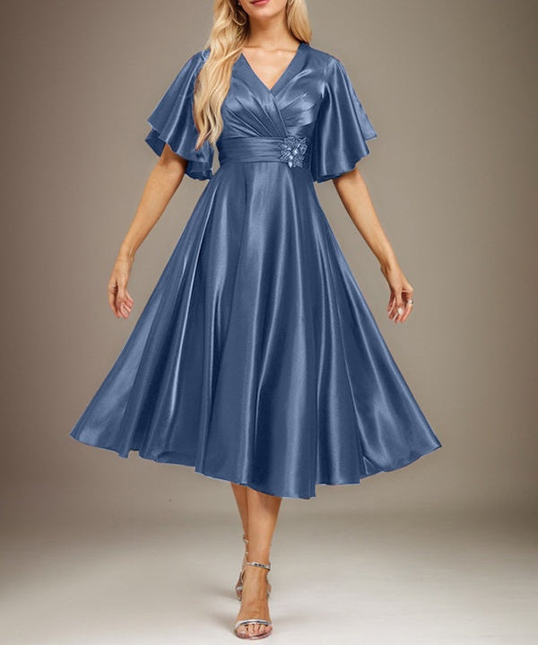 A-line V-Neck Tea-Length Stretch Satin Mother of the Bride Dress With Beading Pleated