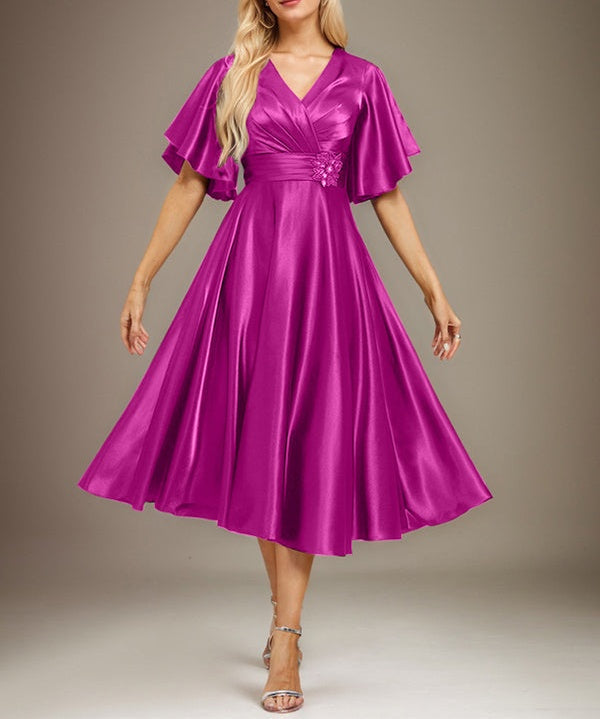 A-line V-Neck Tea-Length Stretch Satin Mother of the Bride Dress With Beading Pleated