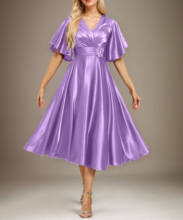 A-line V-Neck Tea-Length Stretch Satin Mother of the Bride Dress With Beading Pleated