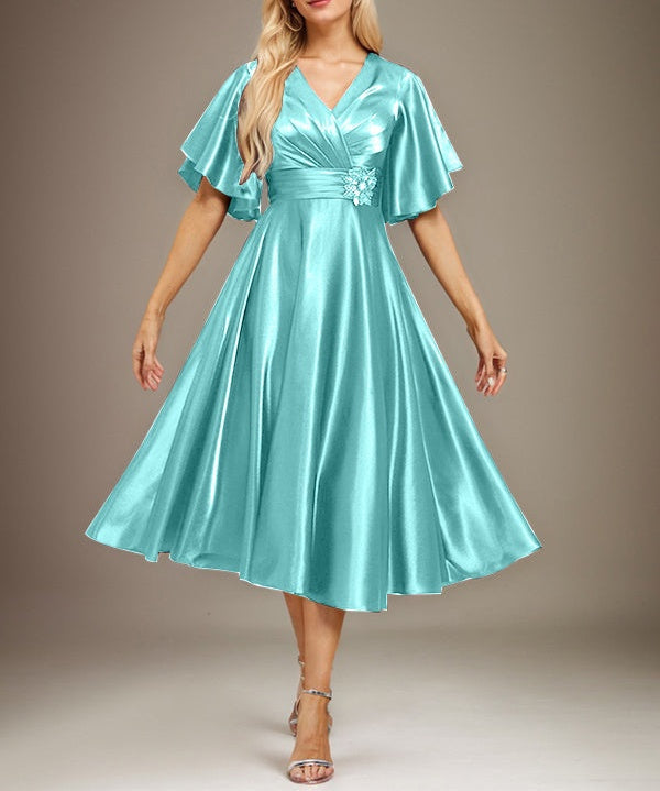 A-line V-Neck Tea-Length Stretch Satin Mother of the Bride Dress With Beading Pleated