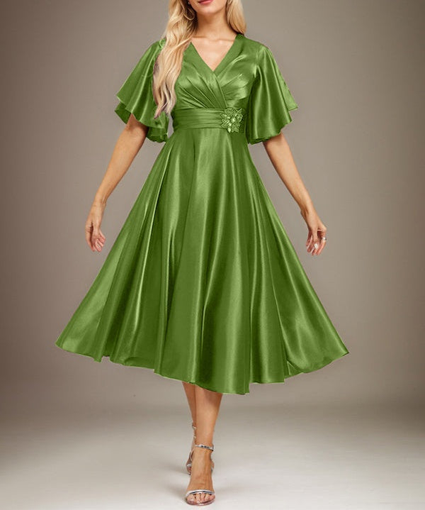 A-line V-Neck Tea-Length Stretch Satin Mother of the Bride Dress With Beading Pleated
