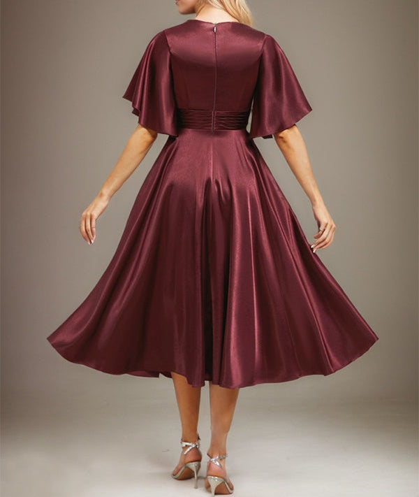 A-line V-Neck Tea-Length Stretch Satin Mother of the Bride Dress With Beading Pleated