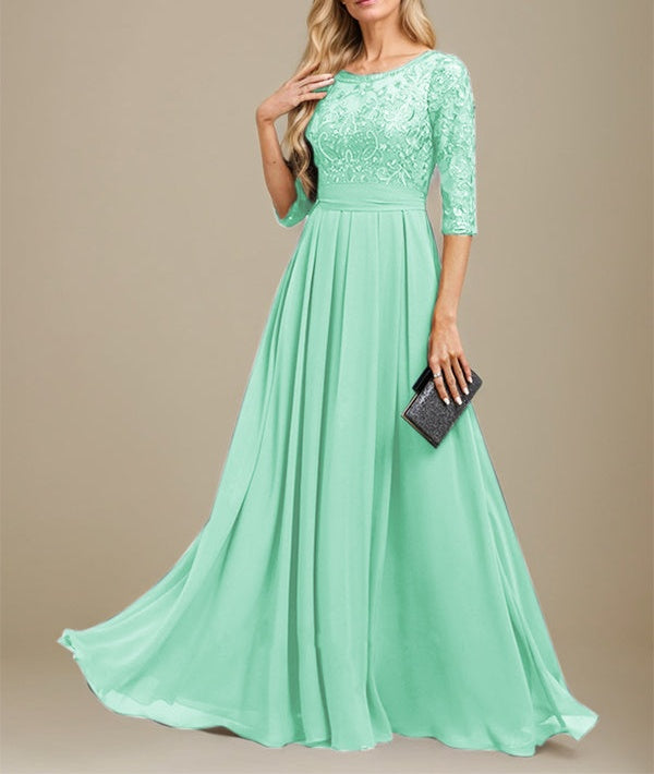 A-Line Scoop Floor-Length Lace Chiffon Mother Of the Bride Dress With Sequins Applique