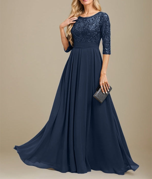 A-Line Scoop Floor-Length Lace Chiffon Mother Of the Bride Dress With Sequins Applique
