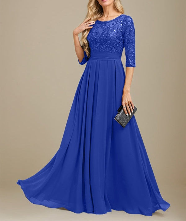 A-Line Scoop Floor-Length Lace Chiffon Mother Of the Bride Dress With Sequins Applique