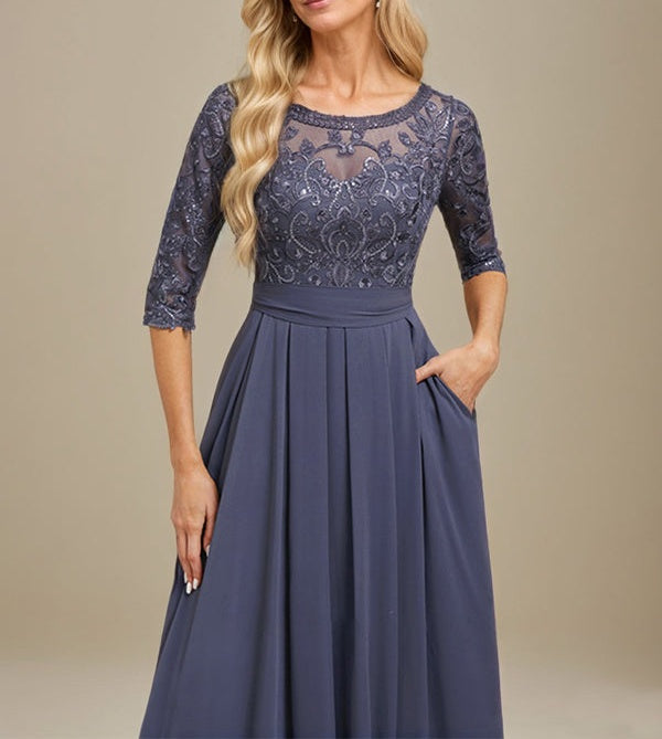 A-Line Scoop Floor-Length Lace Chiffon Mother Of the Bride Dress With Sequins Applique