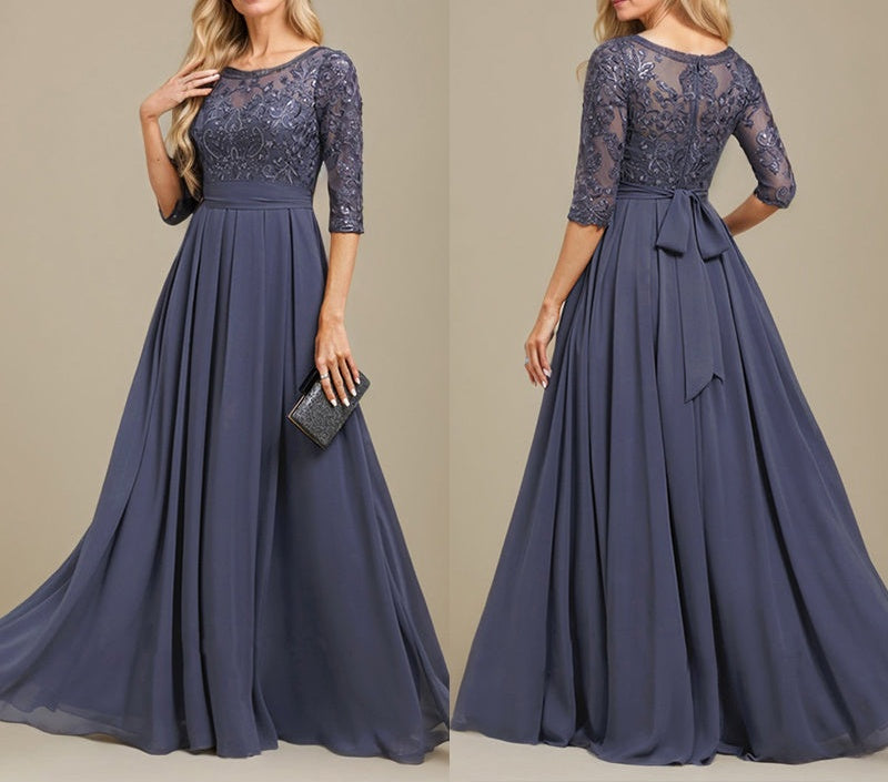 A-Line Scoop Floor-Length Lace Chiffon Mother Of the Bride Dress With Sequins Applique