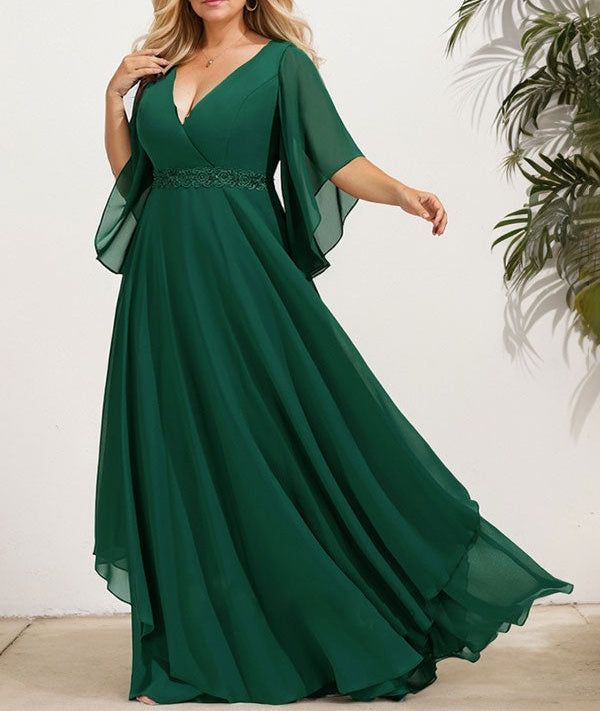 A-line V-Neck Floor-Length Chiffon Mother of the Bride Dress With Sequins Appliques Lace Beading