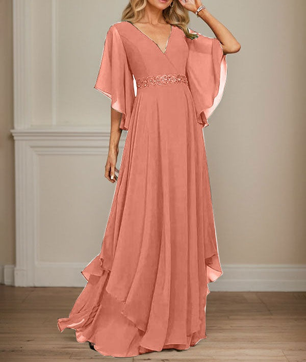 A-line V-Neck Floor-Length Chiffon Mother of the Bride Dress With Sequins Appliques Lace Beading