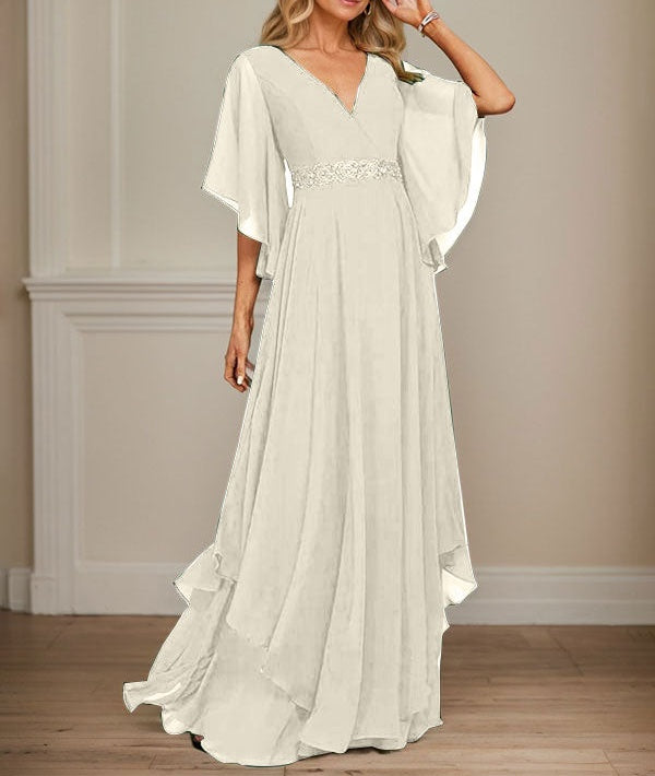 A-line V-Neck Floor-Length Chiffon Mother of the Bride Dress With Sequins Appliques Lace Beading