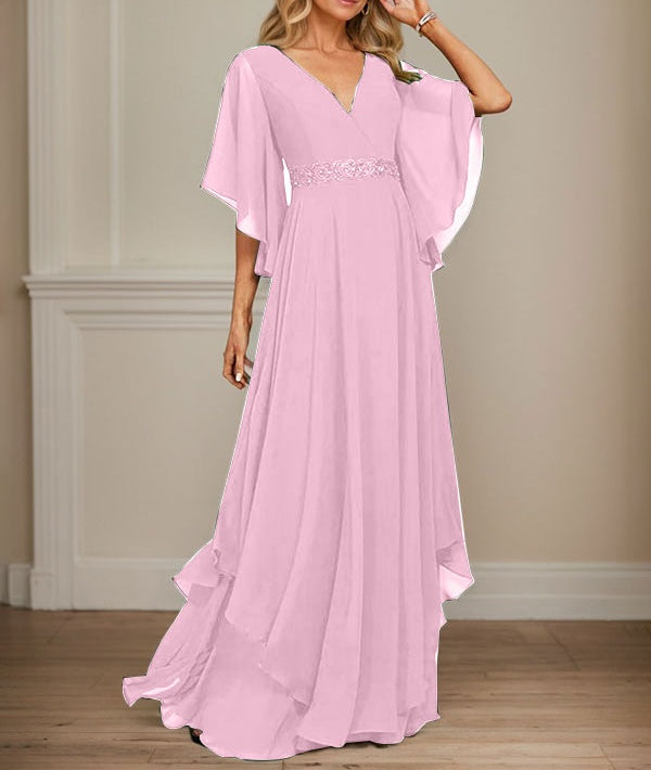 A-line V-Neck Floor-Length Chiffon Mother of the Bride Dress With Sequins Appliques Lace Beading