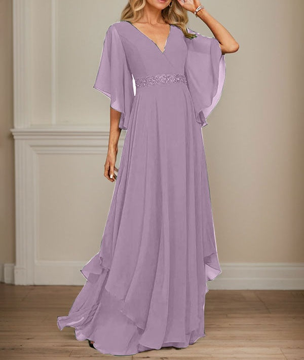 A-line V-Neck Floor-Length Chiffon Mother of the Bride Dress With Sequins Appliques Lace Beading