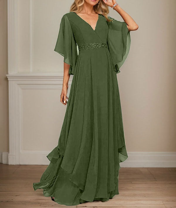 A-line V-Neck Floor-Length Chiffon Mother of the Bride Dress With Sequins Appliques Lace Beading
