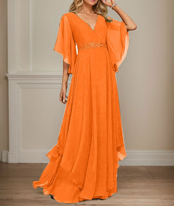 A-line V-Neck Floor-Length Chiffon Mother of the Bride Dress With Sequins Appliques Lace Beading