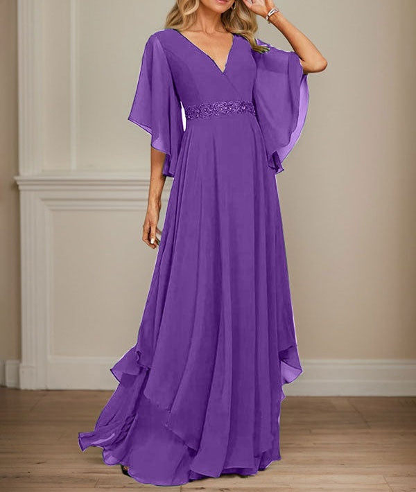 A-line V-Neck Floor-Length Chiffon Mother of the Bride Dress With Sequins Appliques Lace Beading