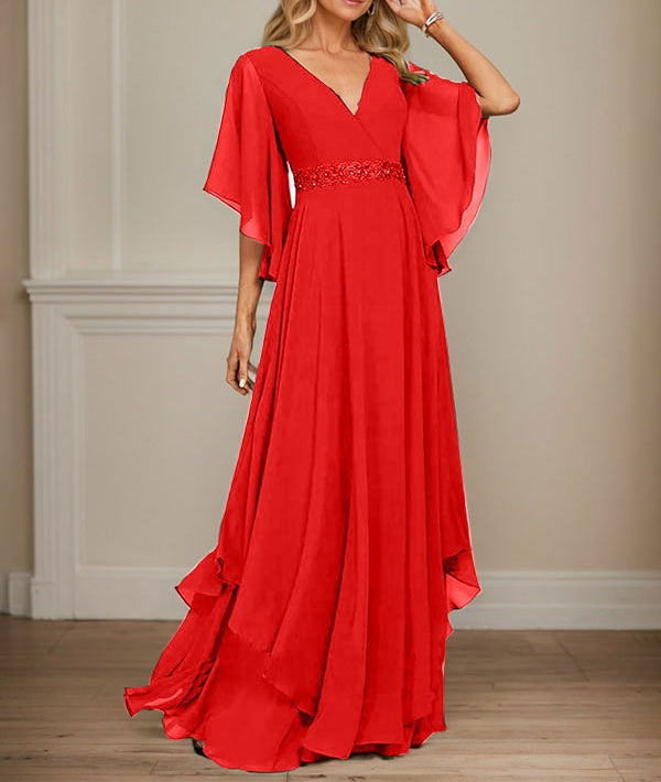A-line V-Neck Floor-Length Chiffon Mother of the Bride Dress With Sequins Appliques Lace Beading