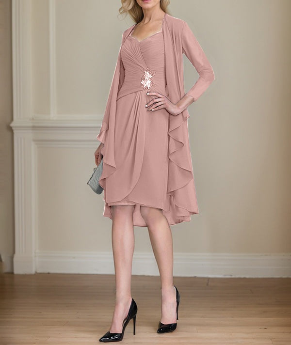Sheath/Column Sweetheart Knee-Length Chiffon Mother of the Bride Dress With Beading Appliques Lace Sequins Pleated