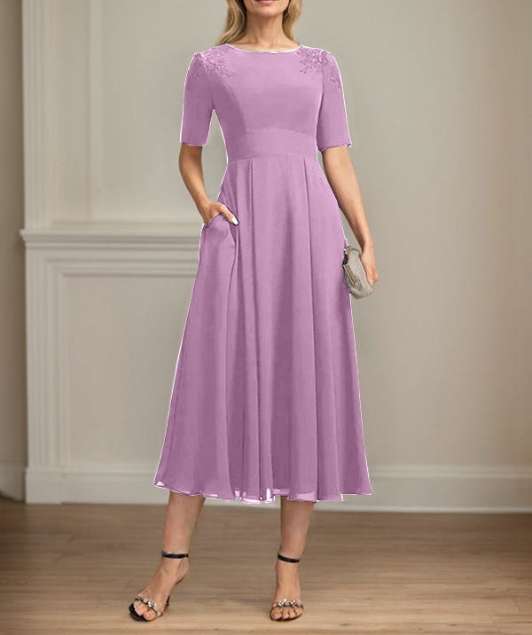 A-line Scoop Tea-Length Chiffon Mother of the Bride Dress With Appliques Lace Sequins