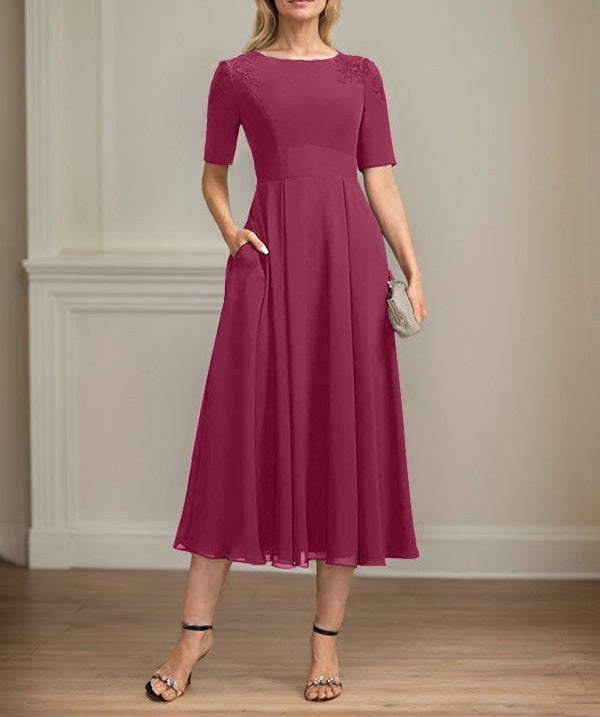 A-line Scoop Tea-Length Chiffon Mother of the Bride Dress With Appliques Lace Sequins