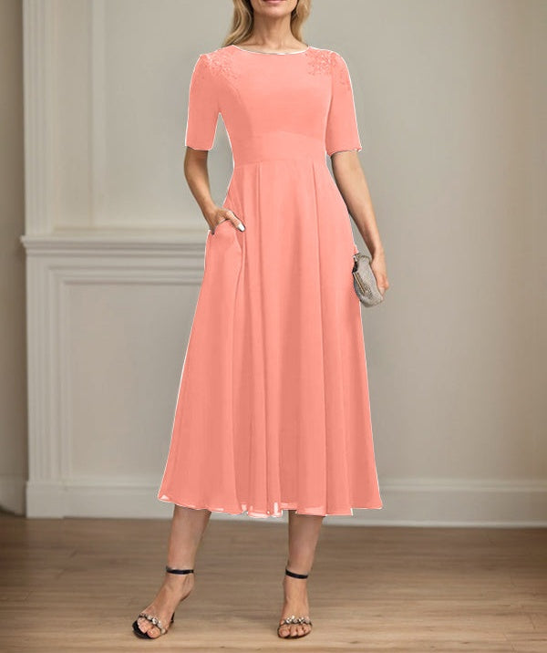 A-line Scoop Tea-Length Chiffon Mother of the Bride Dress With Appliques Lace Sequins