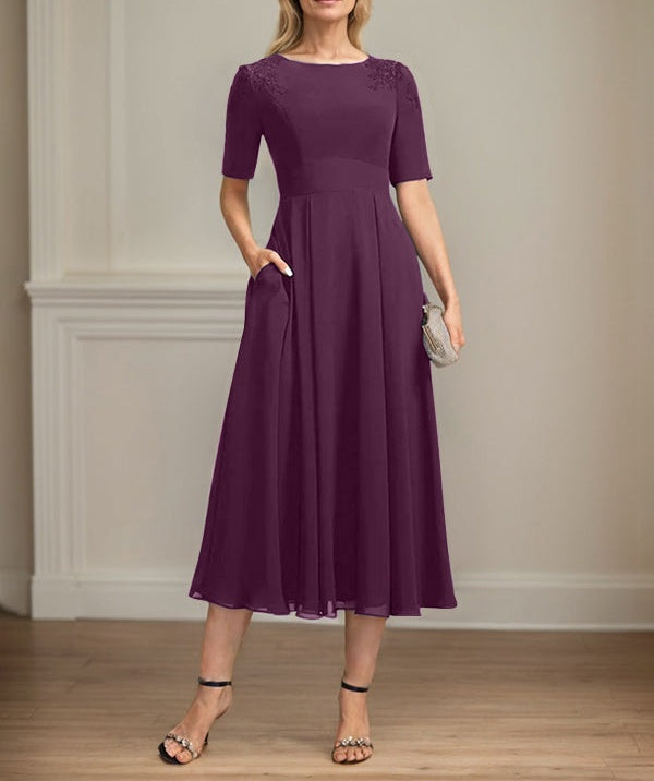 A-line Scoop Tea-Length Chiffon Mother of the Bride Dress With Appliques Lace Sequins