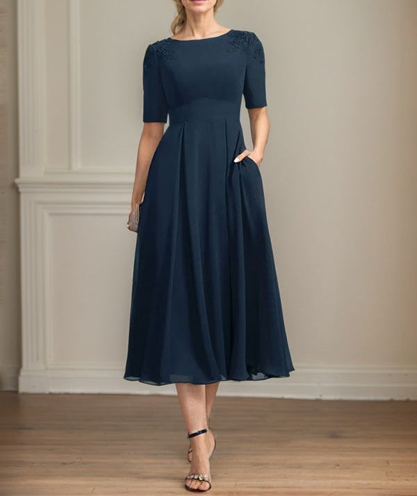 A-line Scoop Tea-Length Chiffon Mother of the Bride Dress With Appliques Lace Sequins