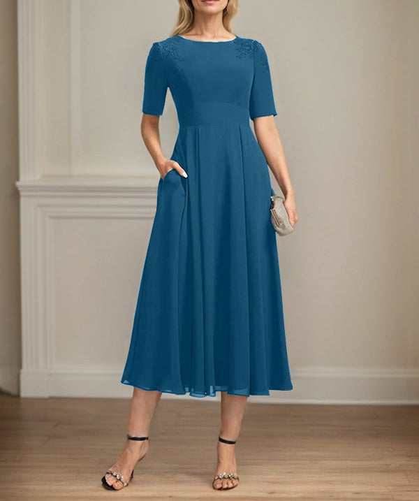 A-line Scoop Tea-Length Chiffon Mother of the Bride Dress With Appliques Lace Sequins