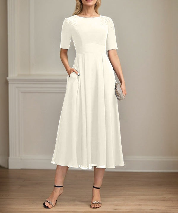 A-line Scoop Tea-Length Chiffon Mother of the Bride Dress With Appliques Lace Sequins