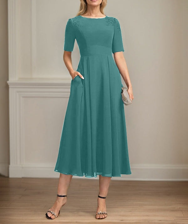 A-line Scoop Tea-Length Chiffon Mother of the Bride Dress With Appliques Lace Sequins