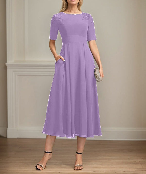 A-line Scoop Tea-Length Chiffon Mother of the Bride Dress With Appliques Lace Sequins