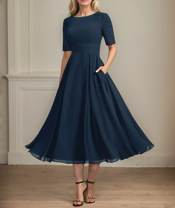 A-line Scoop Tea-Length Chiffon Mother of the Bride Dress With Appliques Lace Sequins