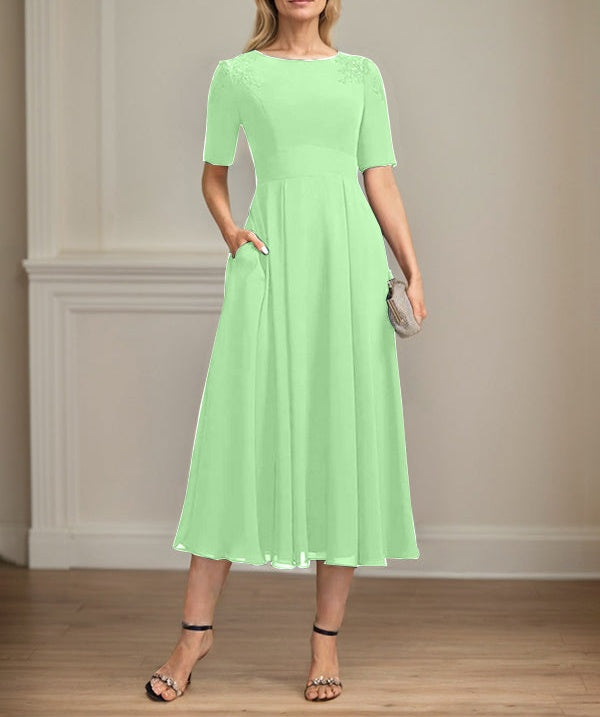 A-line Scoop Tea-Length Chiffon Mother of the Bride Dress With Appliques Lace Sequins