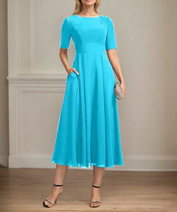 A-line Scoop Tea-Length Chiffon Mother of the Bride Dress With Appliques Lace Sequins