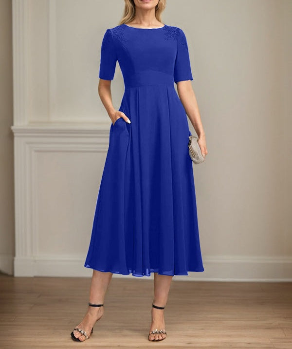 A-line Scoop Tea-Length Chiffon Mother of the Bride Dress With Appliques Lace Sequins