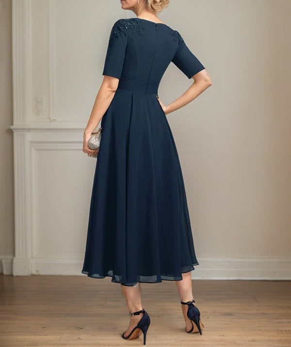 A-line Scoop Tea-Length Chiffon Mother of the Bride Dress With Appliques Lace Sequins